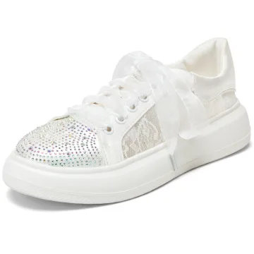 Snygga Fina Elfenben Rhinestone Rosett Bröllop Sneakers 2024 4 Cm Platåskor Pande Zote Toe Brudskor