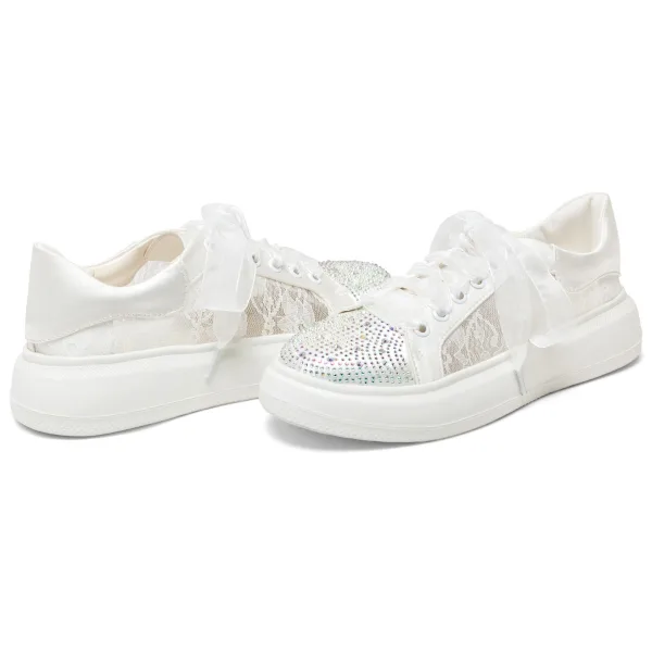 Chic / Beautiful Ivory Rhinestone Bow Wedding Sneakers 2024 4 cm Platform Round Toe Wedding Shoes