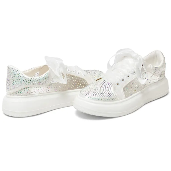 Elegante Ivoor Strik Rhinestone Huwelijk Sportschoenen 2024 4 cm Plateau Ronde Neus Bruidsschoenen