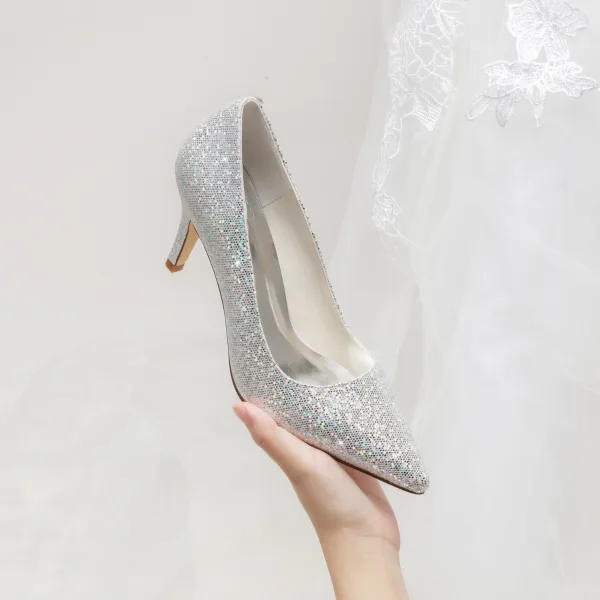Bling Bling Silver Sequins Wedding Shoes 2024 8 cm Stiletto Heels Pointed Toe Wedding Pumps High Heels