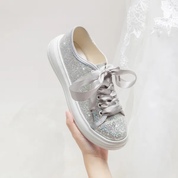 Fashion Bling Bling Silver Sequins Wedding Sneakers 2024 4 cm Platform Round Toe Wedding Shoes