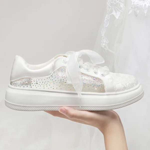 Elegante Ivoor Rhinestone Kant Strik Sportschoenen 2024 4 cm Plateau Ronde Neus Bruidsschoenen