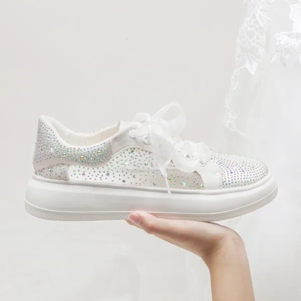 Elegante Ivoor Strik Rhinestone Huwelijk Sportschoenen 2024 4 cm Plateau Ronde Neus Bruidsschoenen