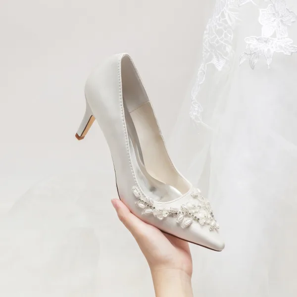 Élégant Ivoire Perle Faux Diamant Chaussure De Mariée 2024 8 cm Talons Aiguilles À Bout Pointu Mariage Escarpins Talons Hauts
