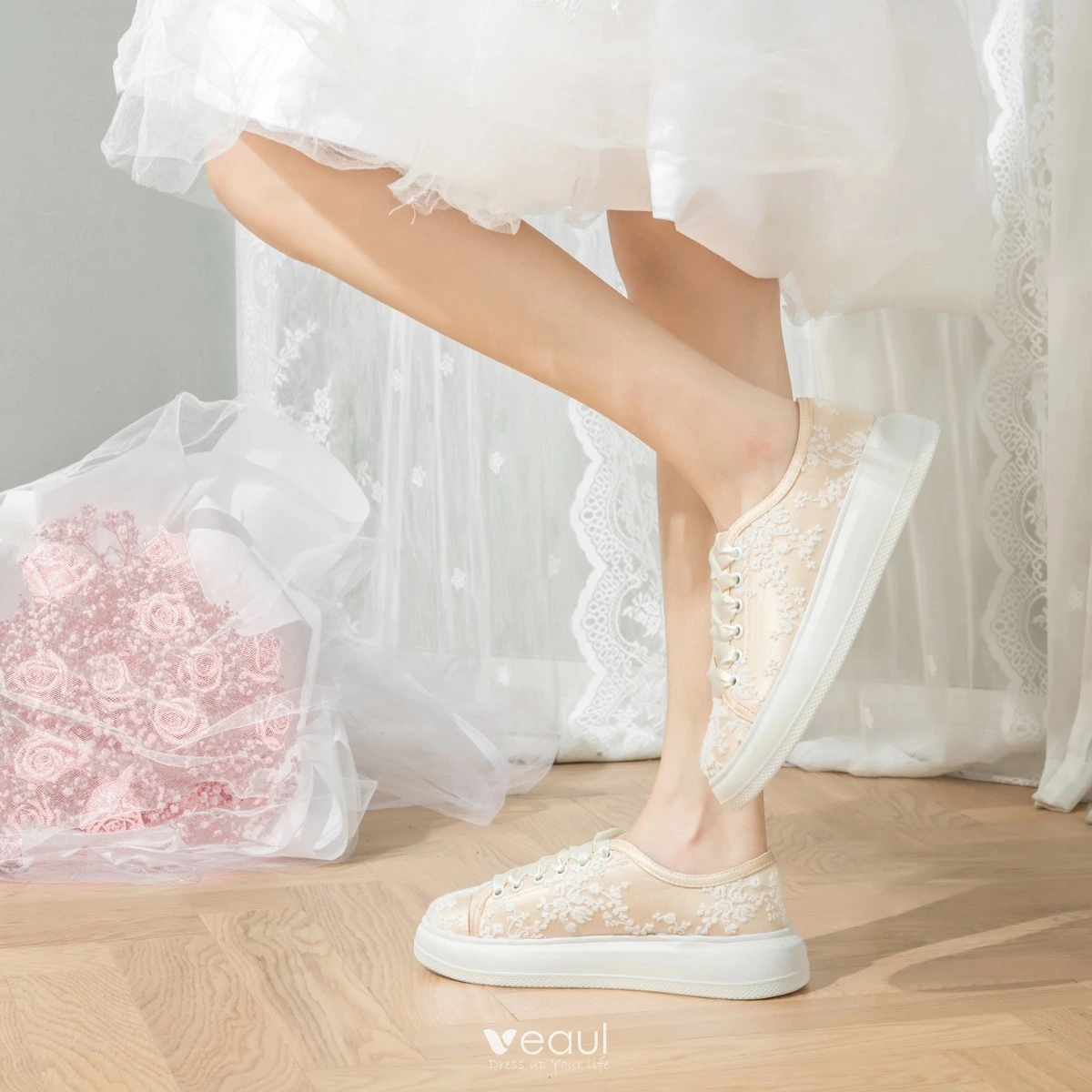 Champagne lace wedding outlet shoes