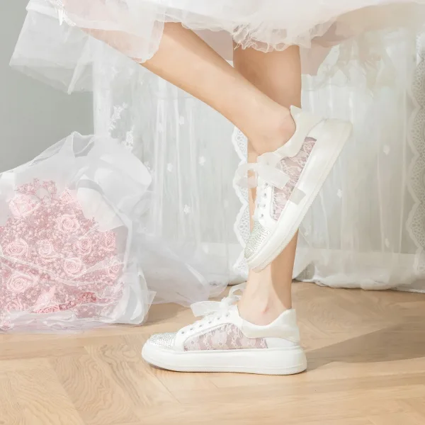 Chic / Beautiful Ivory Rhinestone Bow Wedding Sneakers 2024 4 cm Platform Round Toe Wedding Shoes