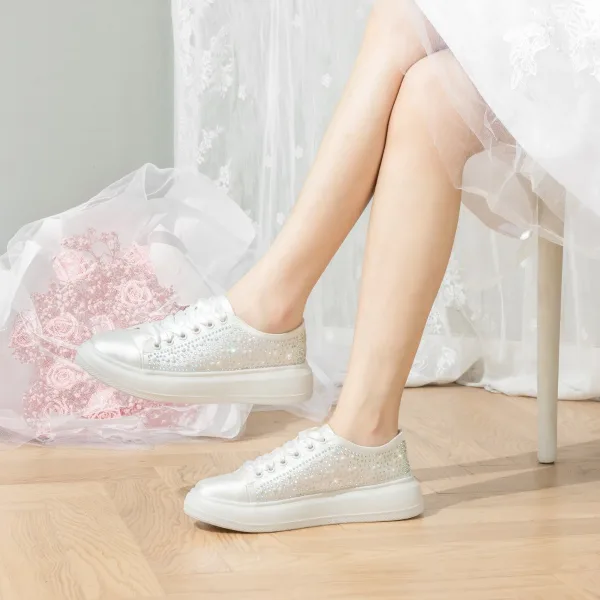 Mode Ivoor Rhinestone Huwelijk Sportschoenen 2024 4 cm Plateau Ronde Neus Bruidsschoenen