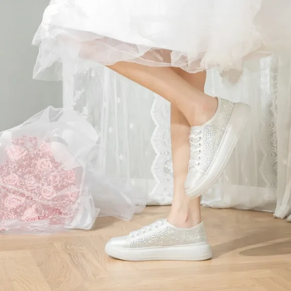Mode Ivoor Rhinestone Huwelijk Sportschoenen 2024 4 cm Plateau Ronde Neus Bruidsschoenen