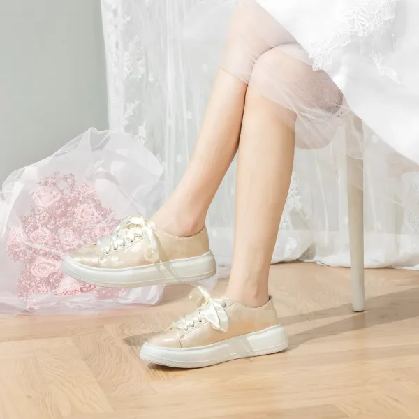 Eleganckie Szampan Druk Ślub Trampki 2024 4 cm Na Platformie Okrągłe Toe Buty Ślubne