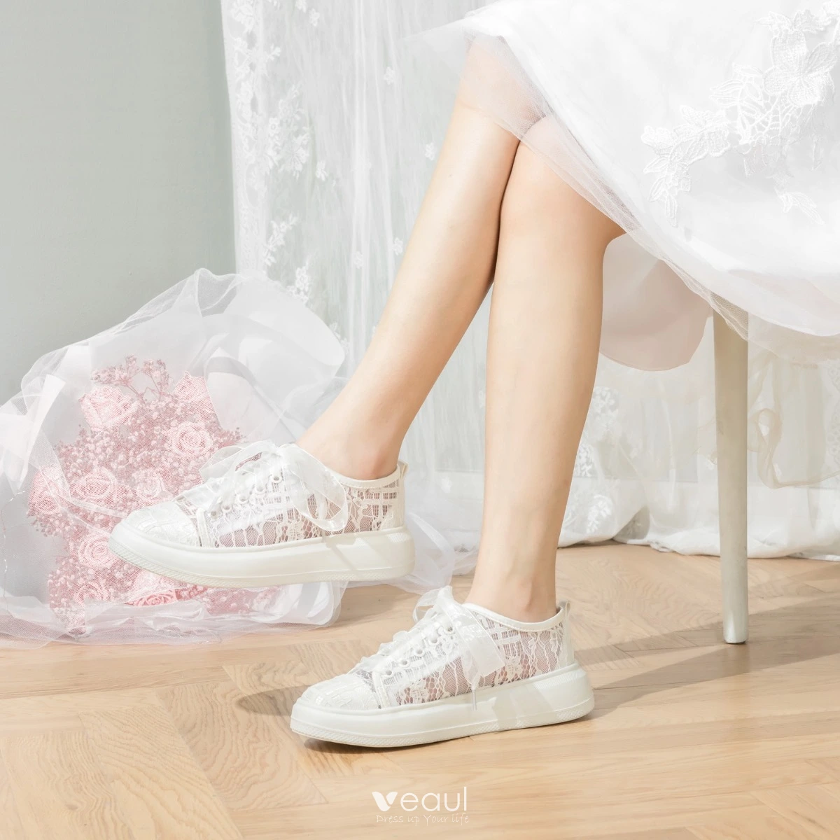 Ivory lace deals wedding sneakers