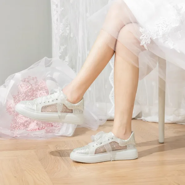 Elegante Ivoor Strik Rhinestone Huwelijk Sportschoenen 2024 4 cm Plateau Ronde Neus Bruidsschoenen