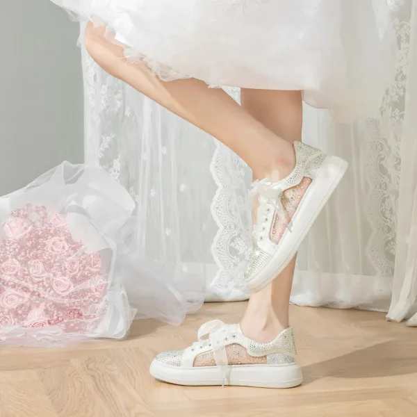 Elegante Ivoor Strik Rhinestone Huwelijk Sportschoenen 2024 4 cm Plateau Ronde Neus Bruidsschoenen