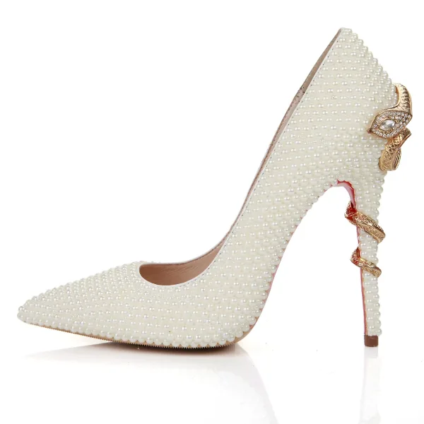 Fashion Ivory Leather Pearl Wedding Shoes 2022 10 cm Stiletto Heels Rhinestone Pointed Toe Wedding Pumps High Heels