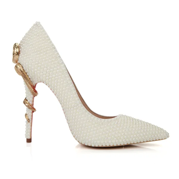 Fashion Ivory Leather Pearl Wedding Shoes 2022 10 cm Stiletto Heels Rhinestone Pointed Toe Wedding Pumps High Heels