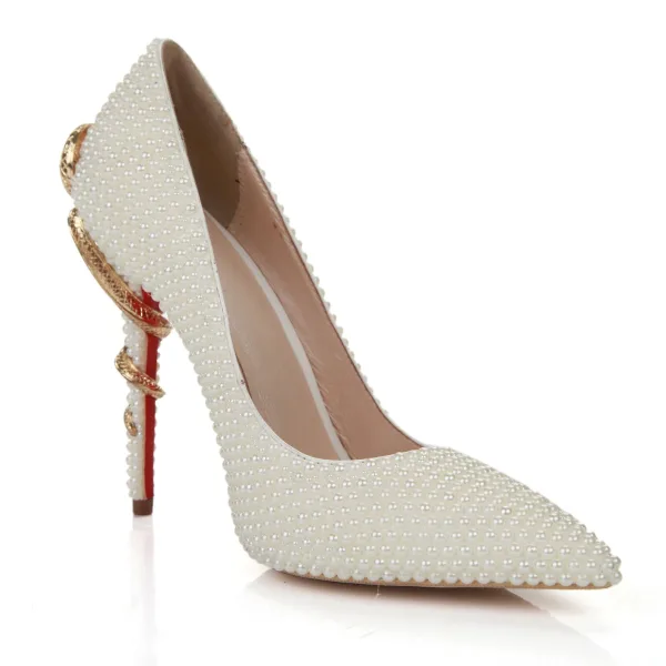 Fashion Ivory Leather Pearl Wedding Shoes 2022 10 cm Stiletto Heels Rhinestone Pointed Toe Wedding Pumps High Heels