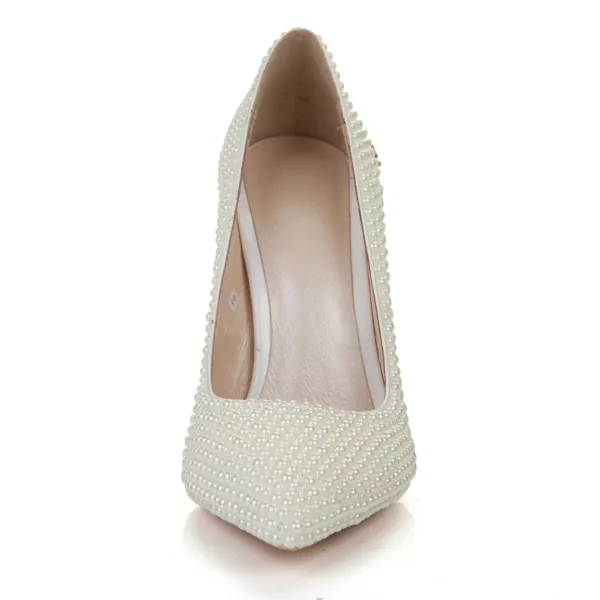 Fashion Ivory Leather Pearl Wedding Shoes 2022 10 cm Stiletto Heels Rhinestone Pointed Toe Wedding Pumps High Heels