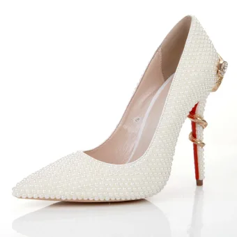 Mode Ivoire Cuir Perle Chaussure De Mariée 2022 10 Cm Talons Aiguilles Faux Diamant À Bout Pointu Mariage Escarpins Talons Hauts