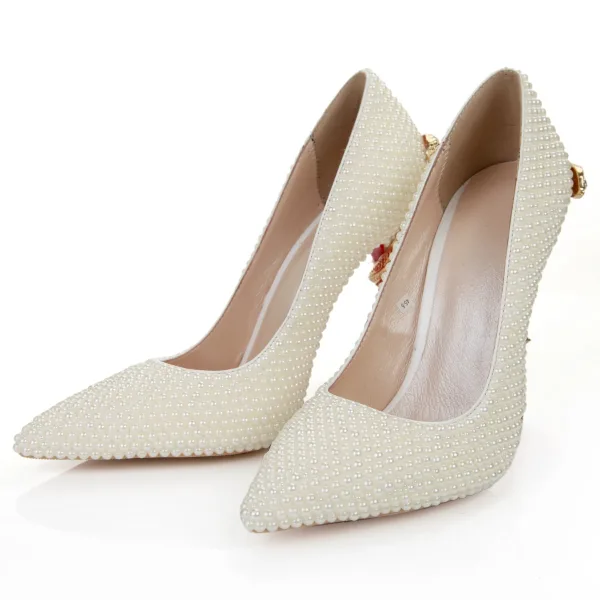 Fashion Ivory Leather Pearl Wedding Shoes 2022 10 cm Stiletto Heels Rhinestone Pointed Toe Wedding Pumps High Heels