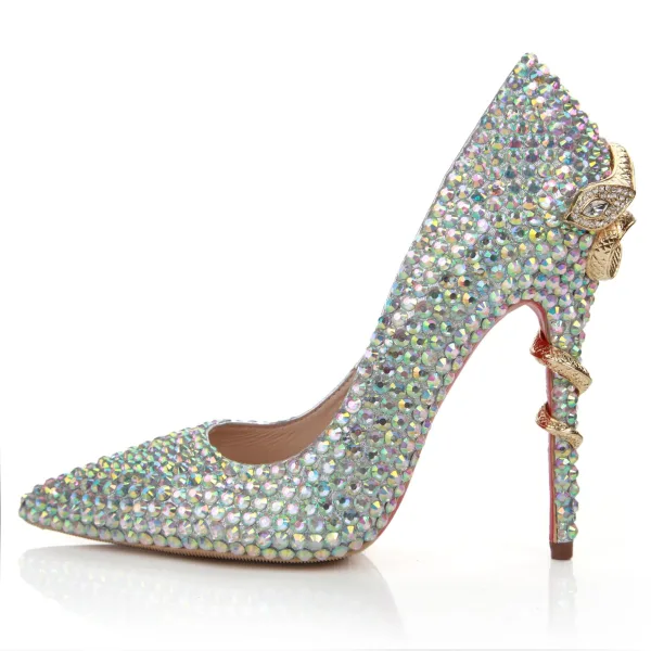 Glittrande Multi-Färger Rhinestone Brudskor 2022 Läder 10 cm Stilettklackar Spetsiga Bröllop Pumps Högklackade