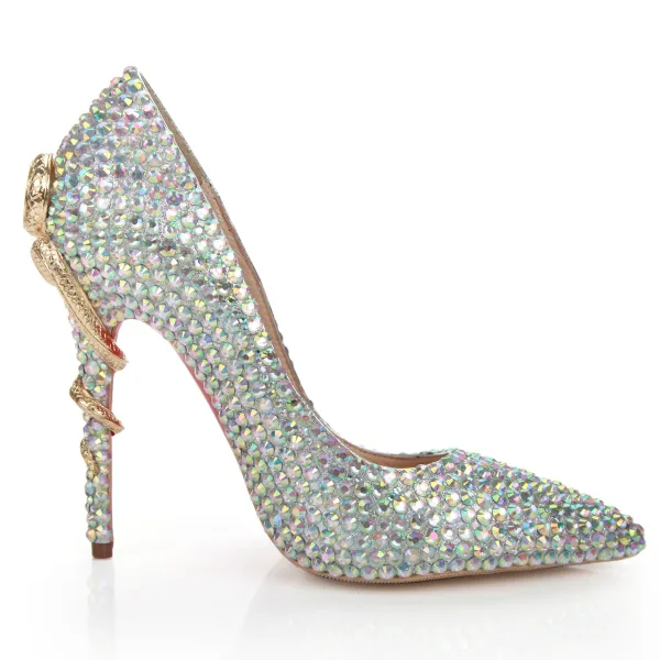 Glittrande Multi-Färger Rhinestone Brudskor 2022 Läder 10 cm Stilettklackar Spetsiga Bröllop Pumps Högklackade