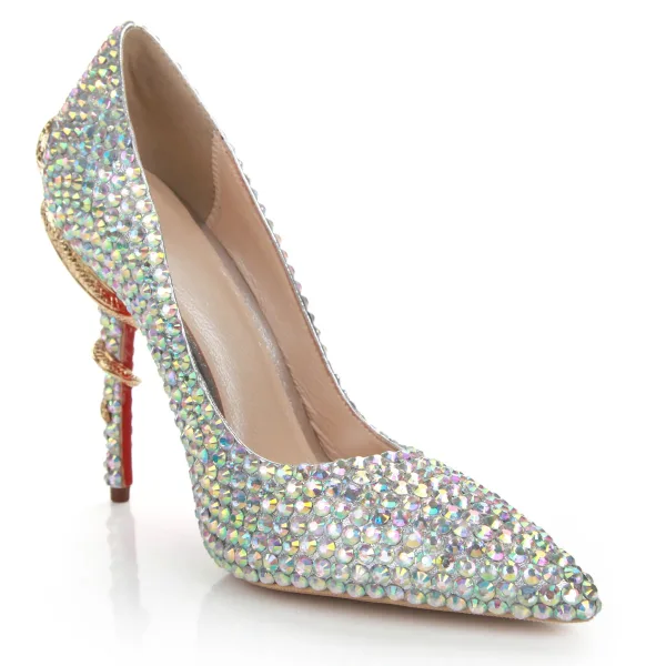 Glittrande Multi-Färger Rhinestone Brudskor 2022 Läder 10 cm Stilettklackar Spetsiga Bröllop Pumps Högklackade