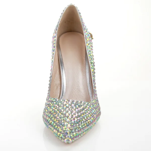 Glittrande Multi-Färger Rhinestone Brudskor 2022 Läder 10 cm Stilettklackar Spetsiga Bröllop Pumps Högklackade
