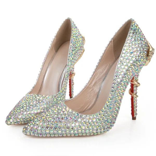 Glittrande Multi-Färger Rhinestone Brudskor 2022 Läder 10 cm Stilettklackar Spetsiga Bröllop Pumps Högklackade