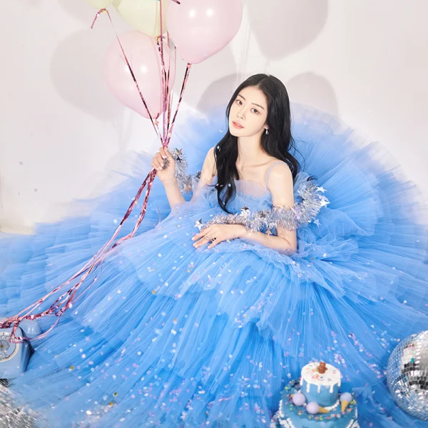 Charming Pool Blue Cascading Ruffles Party Dresses 2022 Ball Gown Spaghetti Straps Sleeveless Backless Floor-Length / Long Evening Party Formal Dresses