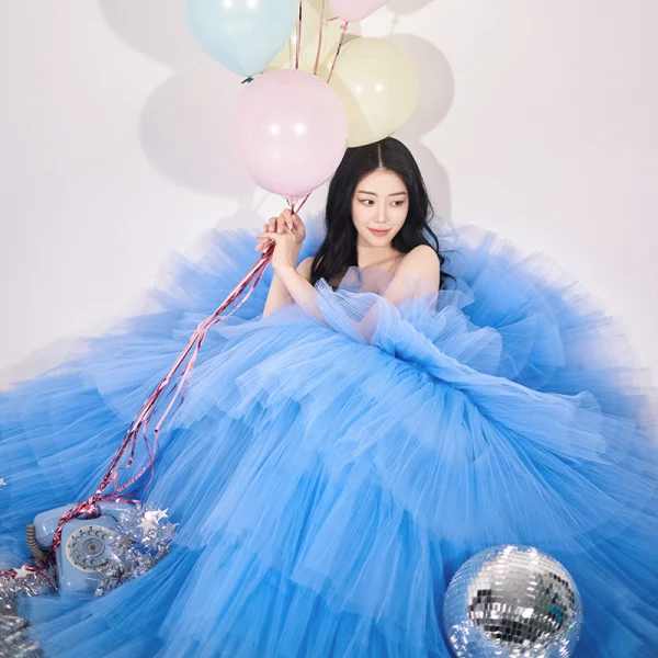 Charming Pool Blue Cascading Ruffles Party Dresses 2022 Ball Gown Spaghetti Straps Sleeveless Backless Floor-Length / Long Evening Party Formal Dresses