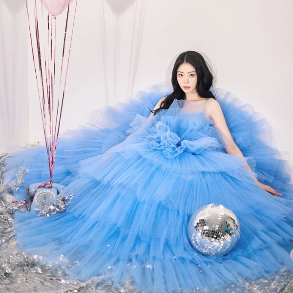 Charming Pool Blue Cascading Ruffles Party Dresses 2022 Ball Gown Spaghetti Straps Sleeveless Backless Floor-Length / Long Evening Party Formal Dresses