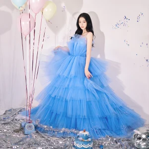Charming Pool Blue Cascading Ruffles Party Dresses 2022 Ball Gown Spaghetti Straps Sleeveless Backless Floor Length Long Evening Party Formal Dresses