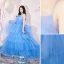 Charming Pool Blue Cascading Ruffles Party Dresses 2022 Ball Gown Spaghetti Straps Sleeveless Backless Floor-Length / Long Evening Party Formal Dresses