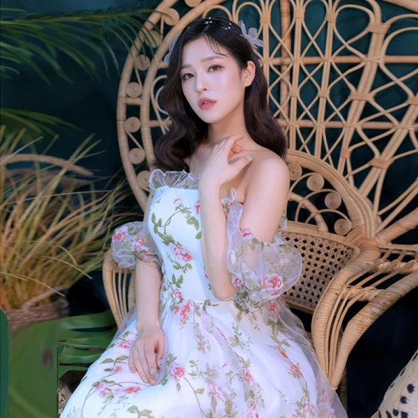 Flower Fairy Ivory Printing Prom Dresses 2022 A-Line / Princess Off-The-Shoulder Short Sleeve Backless Floor-Length / Long Formal Dresses