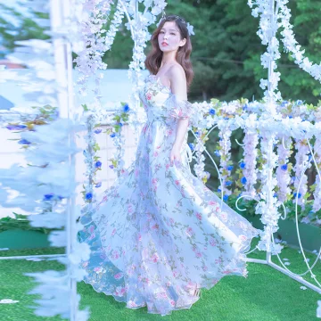 Hada De Las Flores Marfil Impresión Vestidos De Gala 2022 A Line Princess Fuera Del Hombro Manga Corta Sin Espalda Largos Vestidos Formales