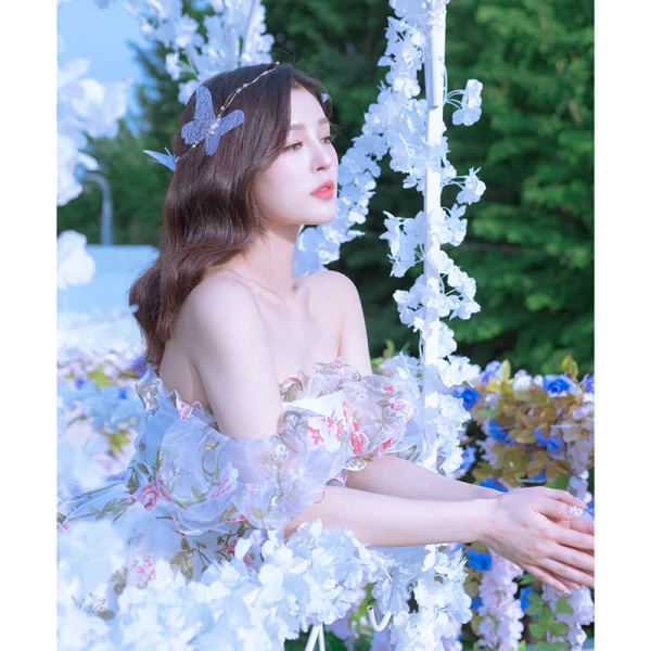 Flower Fairy Ivory Printing Prom Dresses 2022 A-Line / Princess Off-The-Shoulder Short Sleeve Backless Floor-Length / Long Formal Dresses