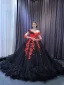 Haut de Gamme Noire En Dentelle Fleur Perlage Paillettes Appliques Tribunal Train Robe De Bal 2024 Robe Boule Encolure Dégagée Manches Longues Promo Robe De Ceremonie