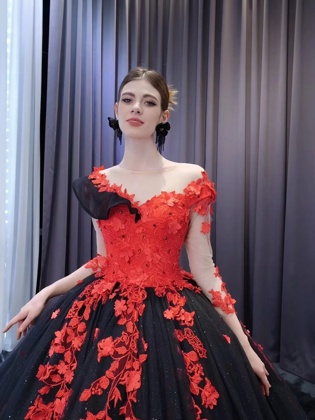 chinese dress ladies Two Pieces Lace Ball Gown Affordable Red Black Prom Dress ,PD0043 –  AlineBridal main image 1