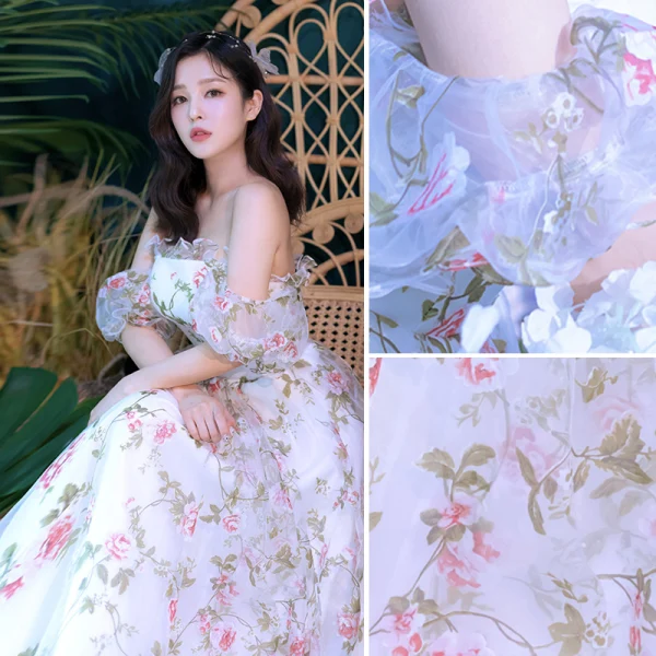 Flower Fairy Ivory Printing Prom Dresses 2022 A-Line / Princess Off-The-Shoulder Short Sleeve Backless Floor-Length / Long Formal Dresses