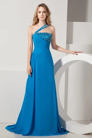 Cristaux De Perles Ruché Glissière Longues Robe De Soirée Une Épaule