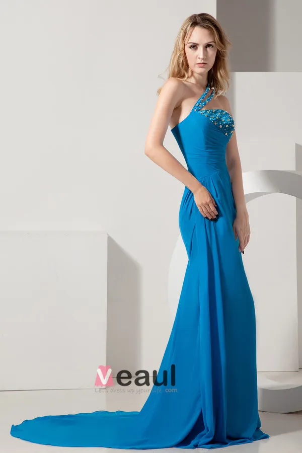 2015 Beading Crystals Ruched Zipper One Shoulder long Evening Dresses