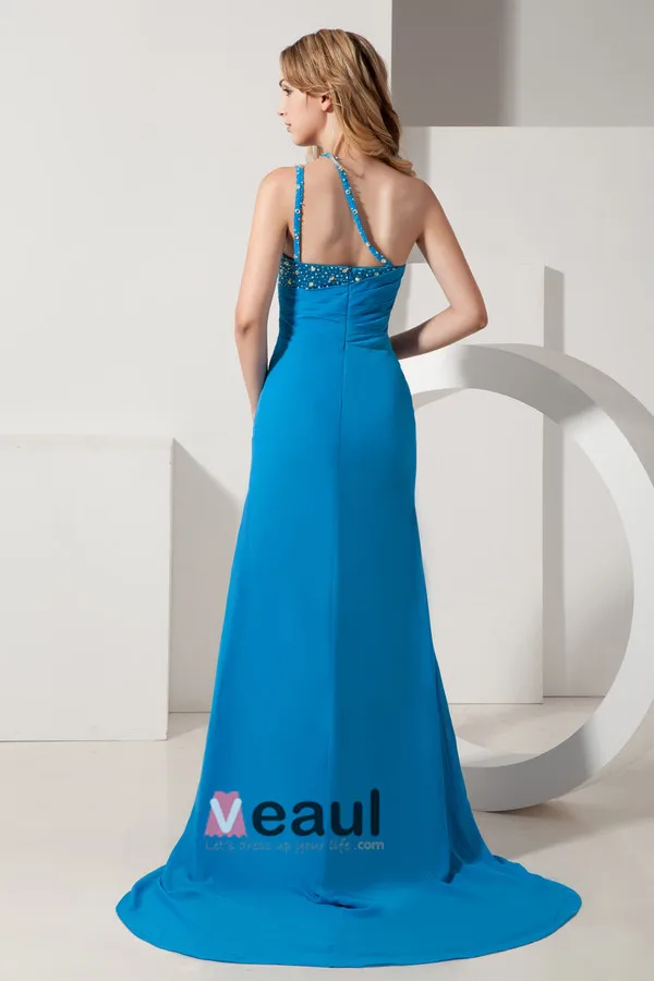2015 Beading Crystals Ruched Zipper One Shoulder long Evening Dresses
