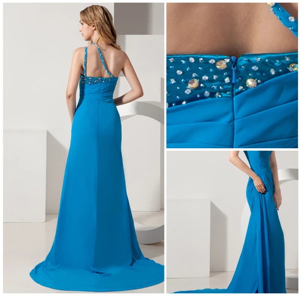 2015 Beading Crystals Ruched Zipper One Shoulder long Evening Dresses