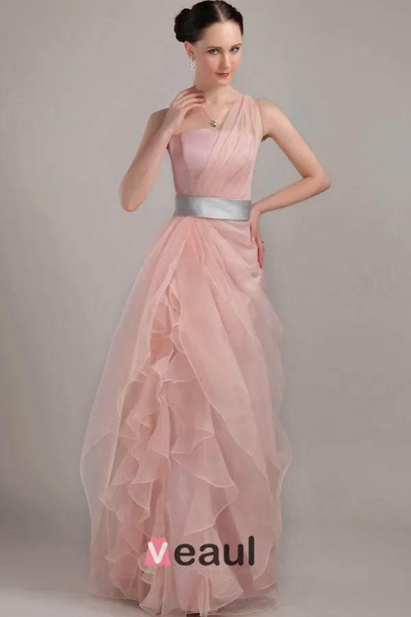 Longues Robe De Soirée Une Épaule Lisse Manches Roses