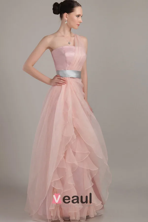 Longues Robe De Soirée Une Épaule Lisse Manches Roses