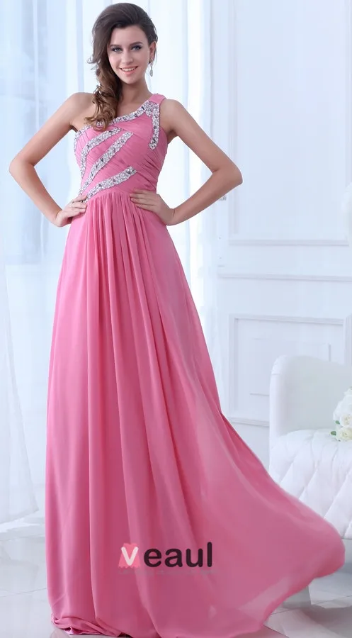 2015 Charming Chiffon Elastic Woven Satin Watermelon A-line long Evening Dresses