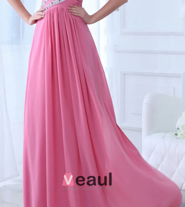 2015 Charming Chiffon Elastic Woven Satin Watermelon A-line long Evening Dresses