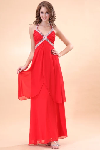 Magnifique Drapé Perles Licol Rouge Robes Du Soiree Longues