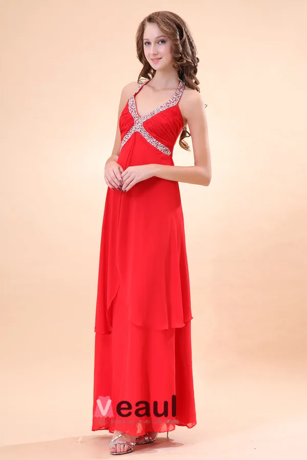 Magnifique Drapé Perles Licol Rouge Robes Du Soiree Longues