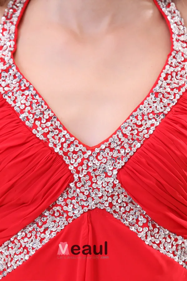 Magnifique Drapé Perles Licol Rouge Robes Du Soiree Longues