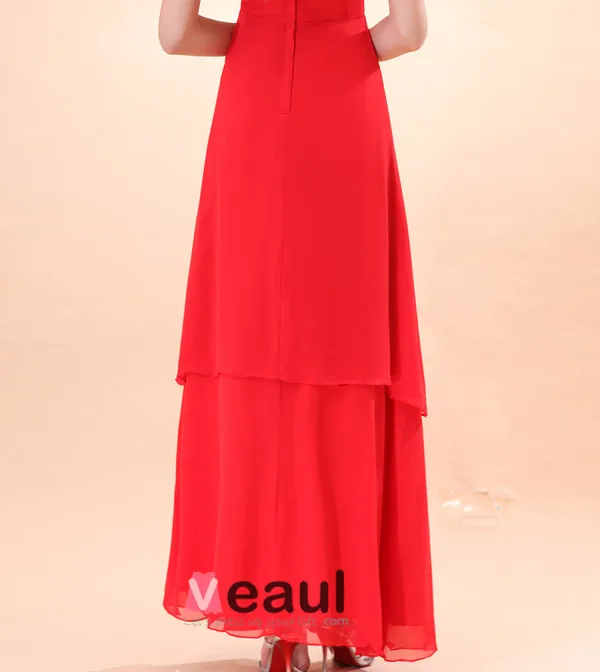 Magnifique Drapé Perles Licol Rouge Robes Du Soiree Longues